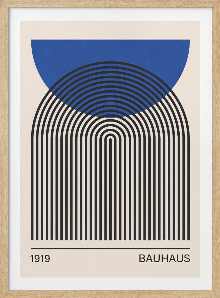 A framed Bauhaus-style poster with a cream background. It features a large blue semi-circle at the top, overlaying a series of repeating black concentric arches that transition into vertical lines at the bottom. Below the design, a thin horizontal line separates the text '1919' on the left and 'BAUHAUS' on the right. Poster