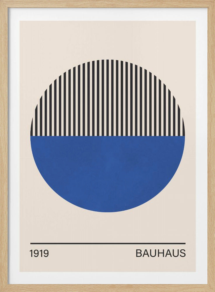 A minimalist Bauhaus-style poster in a black frame. The poster features a large circle on a cream background. The top half of the circle is filled with vertical black and cream stripes, and the bottom half is solid blue. Below the circle, a thin black line separates the year '1919' on the left and the word 'BAUHAUS' on the right. Wall Art