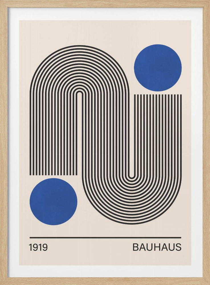 A Bauhaus-style poster featuring a continuous black line forming a large, looping S-shape with nested arches and vertical lines on an off-white background. Two solid blue circles are placed in the upper right and lower left corners. Below the artwork, the year '1919' and the word 'BAUHAUS' are printed in a simple black font. Wall Art
