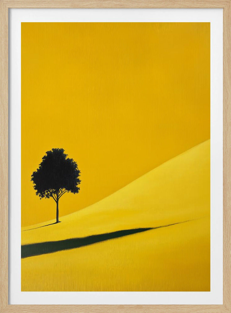 A minimalist painting of a single black tree on a vibrant yellow, rolling hill, casting a long, dark shadow. The background is a solid yellow, creating a stark, modern landscape scene within a black frame. Print