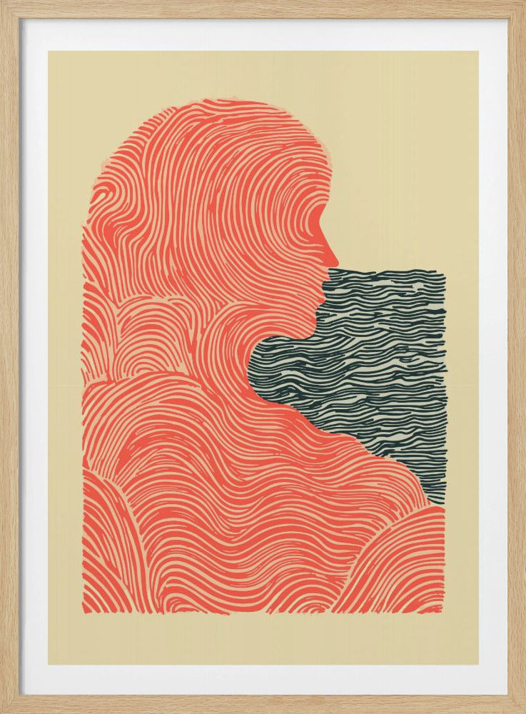 A framed abstract illustration in a woodblock print style. It depicts the silhouette of a person in profile, rendered in flowing red-orange lines, looking towards a rectangular block of dark blue wavy lines that suggest water. The background is a solid cream color. Poster