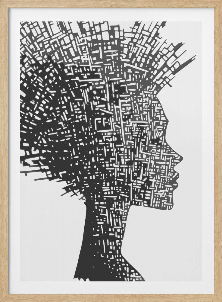 A black and white abstract artwork featuring the silhouette of a woman in profile against a white background. The silhouette is filled with an intricate, maze-like pattern of white lines and shapes, resembling a circuit board or an aerial city map. The entire piece is encased in a simple black frame. Print