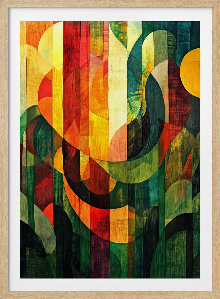 A vibrant abstract artwork with a wood grain texture, featuring vertical stripes overlaid with curved and circular shapes. The color palette shifts from warm reds and yellows on the left to cool, deep greens on the right, all enclosed in a thin black frame. Artwork