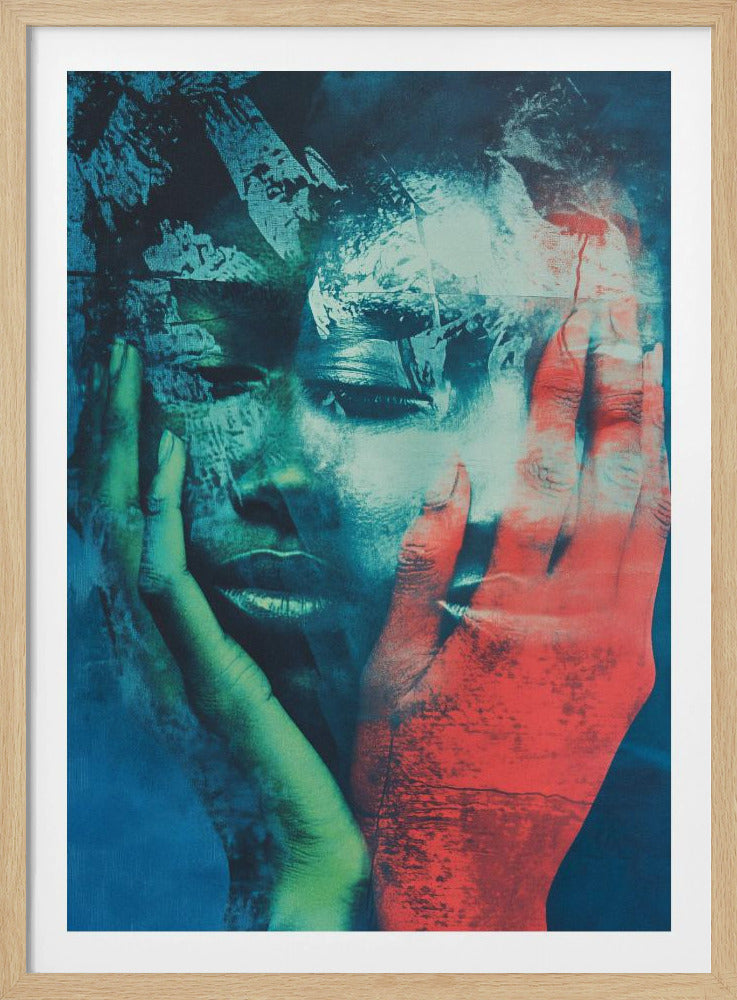 An abstract, heavily textured portrait of a person holding their face in their hands. The artwork uses a dramatic color palette of deep blues, teals, and black, with one hand rendered in a striking red and the other in a greenish hue, creating a fragmented and emotional visual. Poster