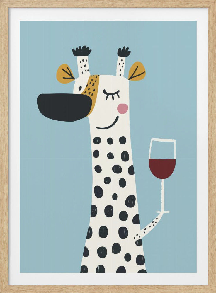 A whimsical illustration of a smiling, white giraffe with black spots holding a glass of red wine against a solid light blue background. The giraffe has one eye closed in a wink, rendered in a simple, modern cartoon style and framed in black. Poster