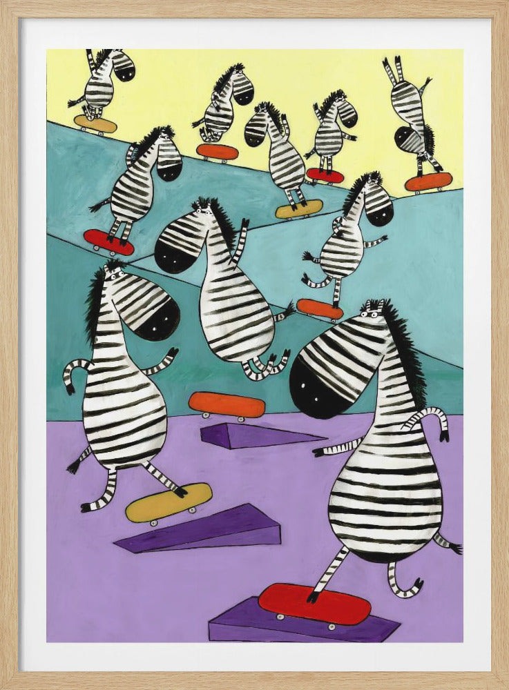 A whimsical painting of a crowd of cartoon zebras joyfully skateboarding in a colorful skatepark. The background is sectioned into pastel yellow, teal, and lavender, with purple ramps scattered about. The zebras have stylized, elongated bodies and are shown in various dynamic poses on red and yellow skateboards. Poster