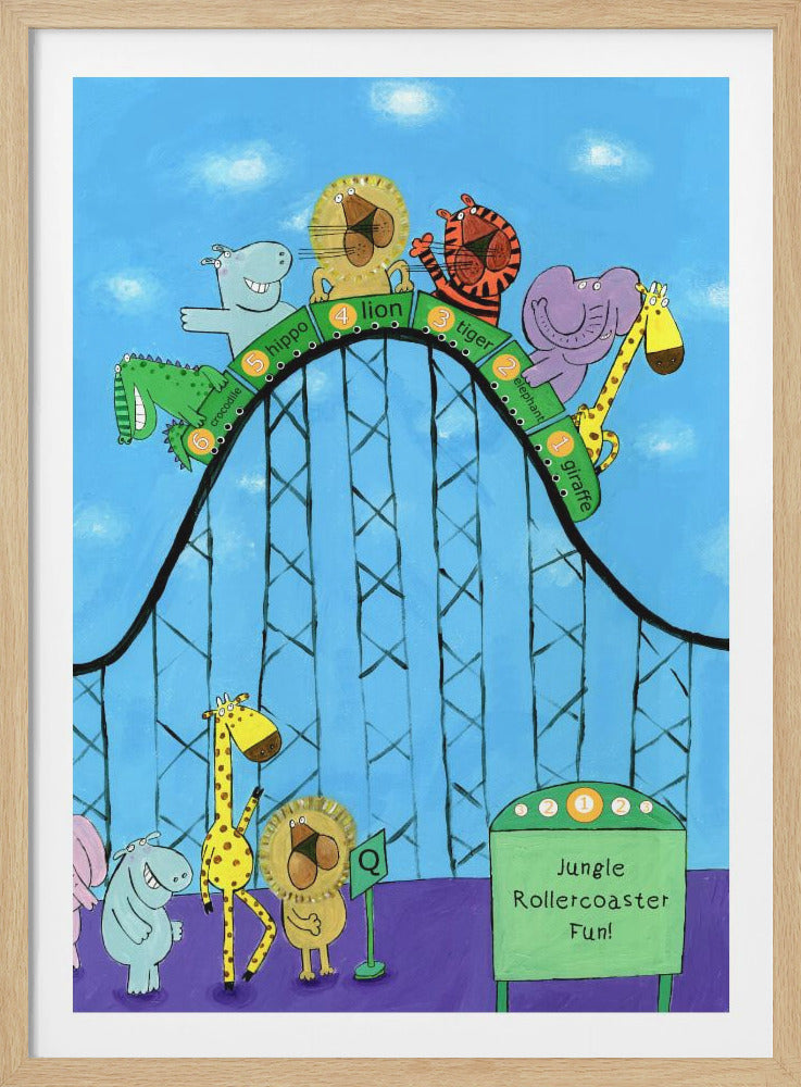 A whimsical children's illustration of various jungle animals, including a giraffe, elephant, tiger, lion, hippo, and crocodile, riding a black rollercoaster against a blue sky. Each animal is in a numbered green car. Below, a hippo, giraffe, and lion are queuing next to a green sign that reads 'Jungle Rollercoaster Fun!'. Poster