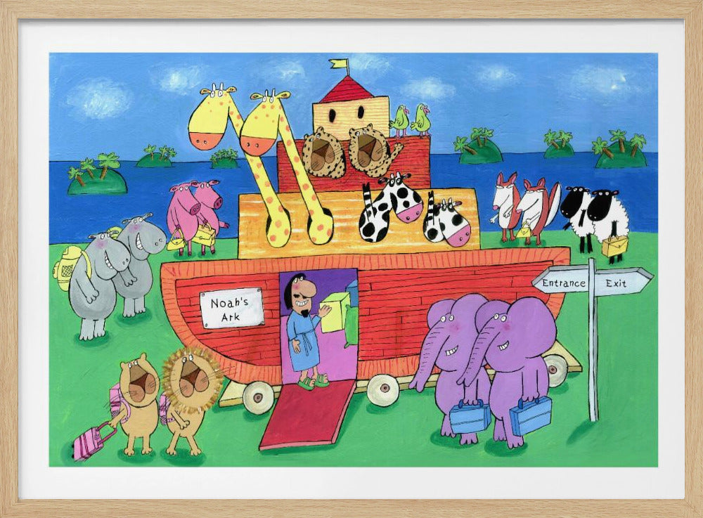 A colorful and humorous cartoon illustration of Noah's Ark, where pairs of animals including giraffes, elephants, lions, and hippos are boarding the large red boat carrying luggage. Noah stands at the entrance, welcoming them aboard. Poster