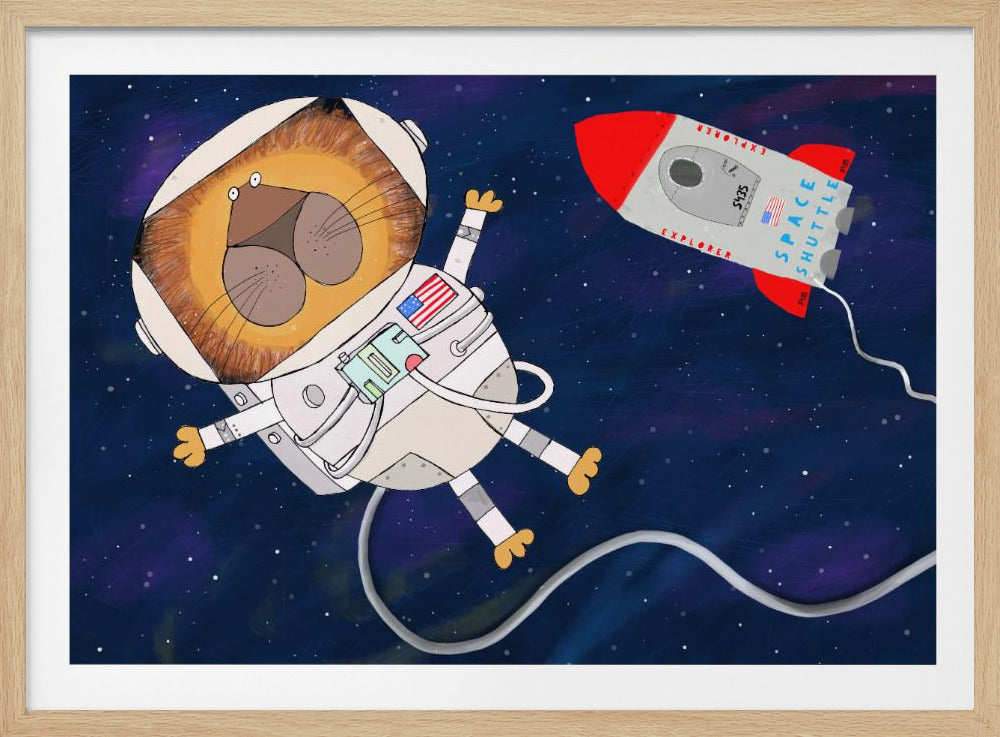 A whimsical cartoon illustration of a lion astronaut floating in deep space. The lion, wearing a white spacesuit and helmet, has a wide-eyed expression. A red and white toy rocket labeled 'Space Shuttle Explorer' flies nearby against a dark blue, star-filled background. Poster