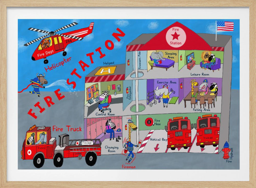 A colorful, cartoon-style educational illustration of a fire station cross-section, populated by animal firefighters. The poster shows different areas like the control room, sleeping area, vehicle bay with fire trucks, and a helipad on the roof with a red helicopter flying nearby. Labels identify all the key elements. Decor