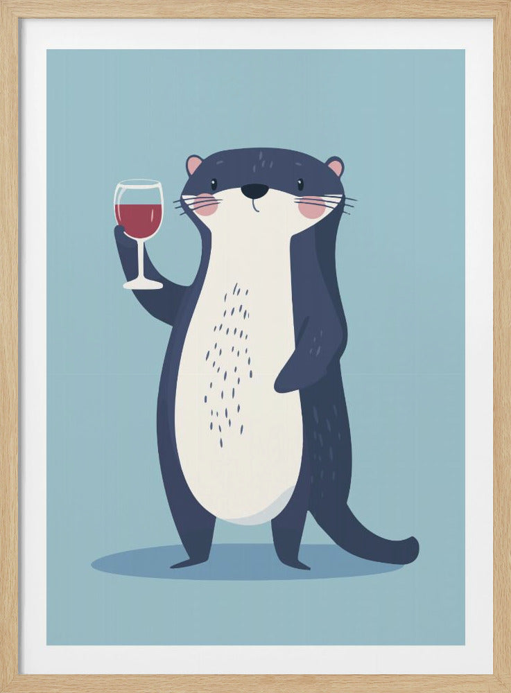 A cartoon illustration of a cute, dark blue otter standing and holding up a glass of red wine with a happy expression against a solid light blue background. Poster