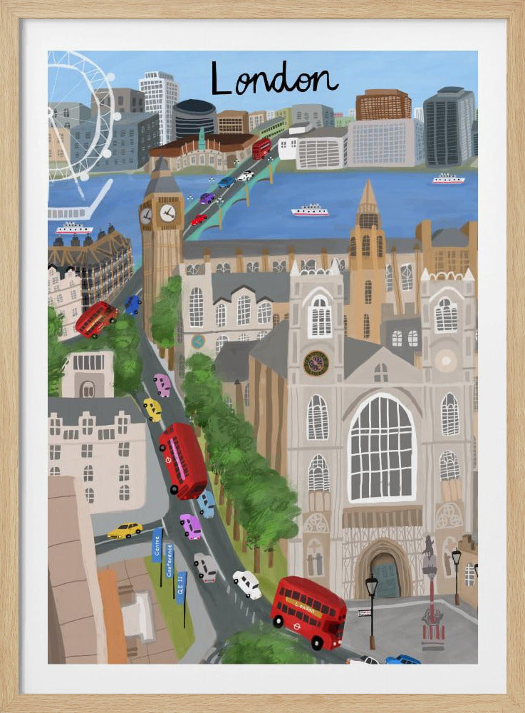 A stylized travel poster illustration of London, featuring iconic landmarks like Big Ben, Westminster Abbey, and the London Eye. The scene is bustling with red double-decker buses and colorful cars crossing a bridge over the River Thames, with the city skyline in the background and the word 'London' written at the top. Print