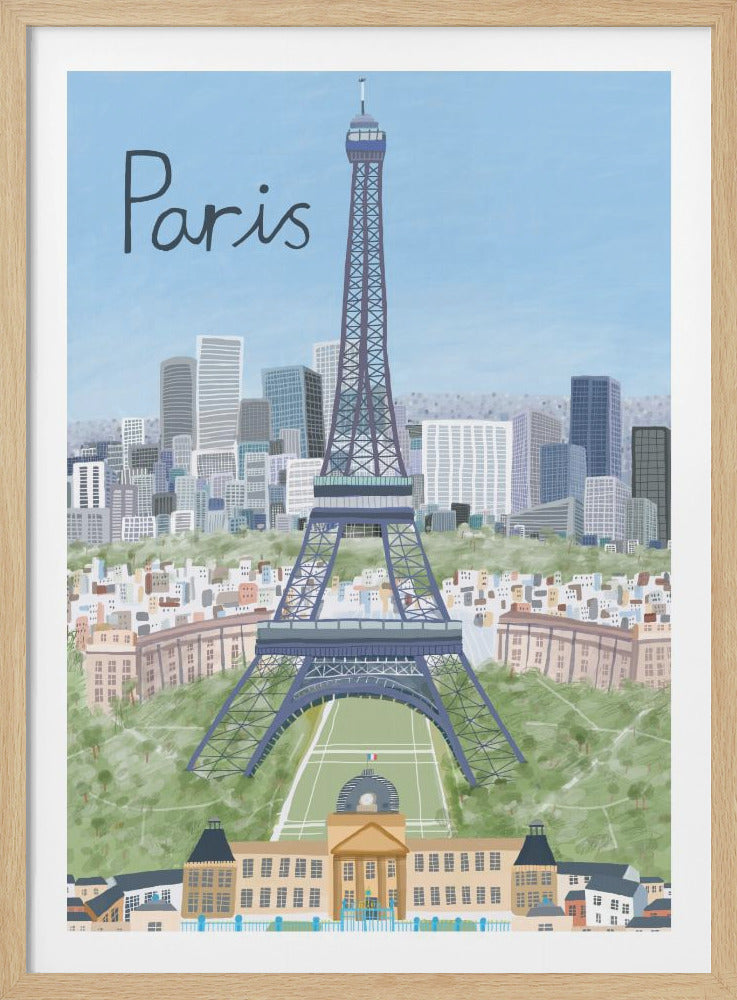 A whimsical, painterly illustration of Paris, featuring the Eiffel Tower at its center, with the modern city skyline behind it and traditional buildings and green parks in the foreground. The word 'Paris' is handwritten in the top left corner against a light blue sky. Poster