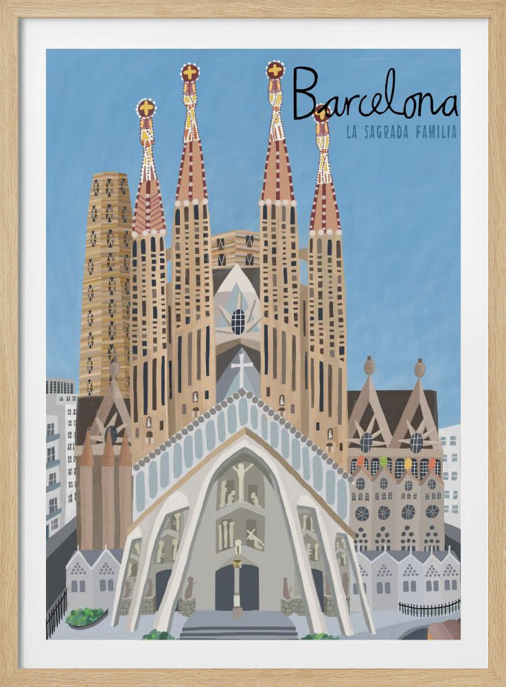A stylized illustration of the Sagrada Familia in Barcelona, presented as a travel poster. The iconic church with its detailed spires stands against a solid blue sky, with the word 'Barcelona' written in a script font in the top right corner. Wall Art