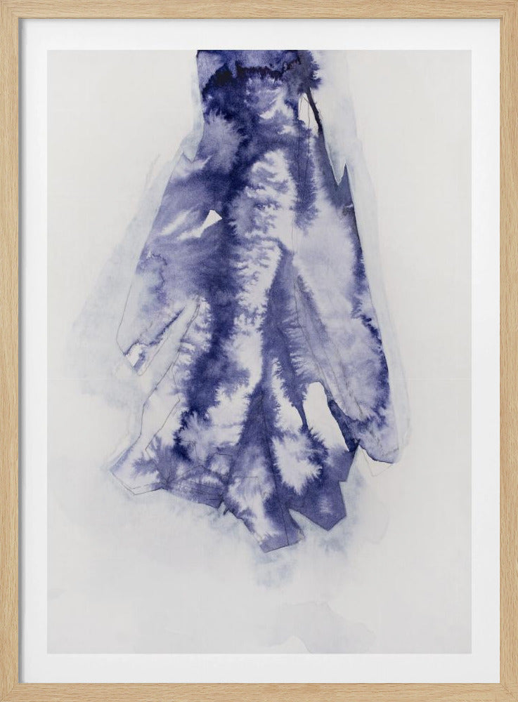 An abstract watercolor painting in a black frame. A central, elongated form in deep indigo blue bleeds and feathers across a stark white background. The blue ink creates intricate, fractal-like patterns, resembling frost on a window or a tie-dye effect. Faint, thin black lines subtly outline parts of the shape, adding a hint of structure to the organic flow of the color. Decor