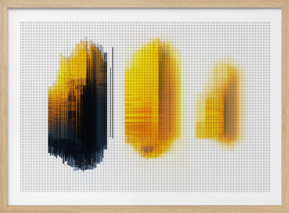 A modern abstract artwork in a silver frame, featuring three vertical formations of lines on a white grid background. The left formation transitions from yellow to black, while the center and right formations are composed of glowing yellow and orange lines, creating a digital, pixelated effect. Poster