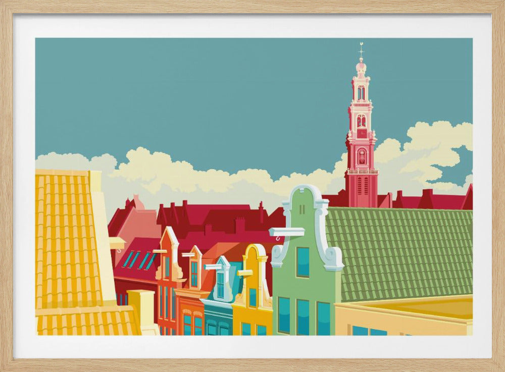 A colorful graphic illustration of the Amsterdam skyline, featuring vibrant gabled houses in green, yellow, and red, with the iconic pink Westerkerk church tower rising against a pale blue sky with white clouds. Decor