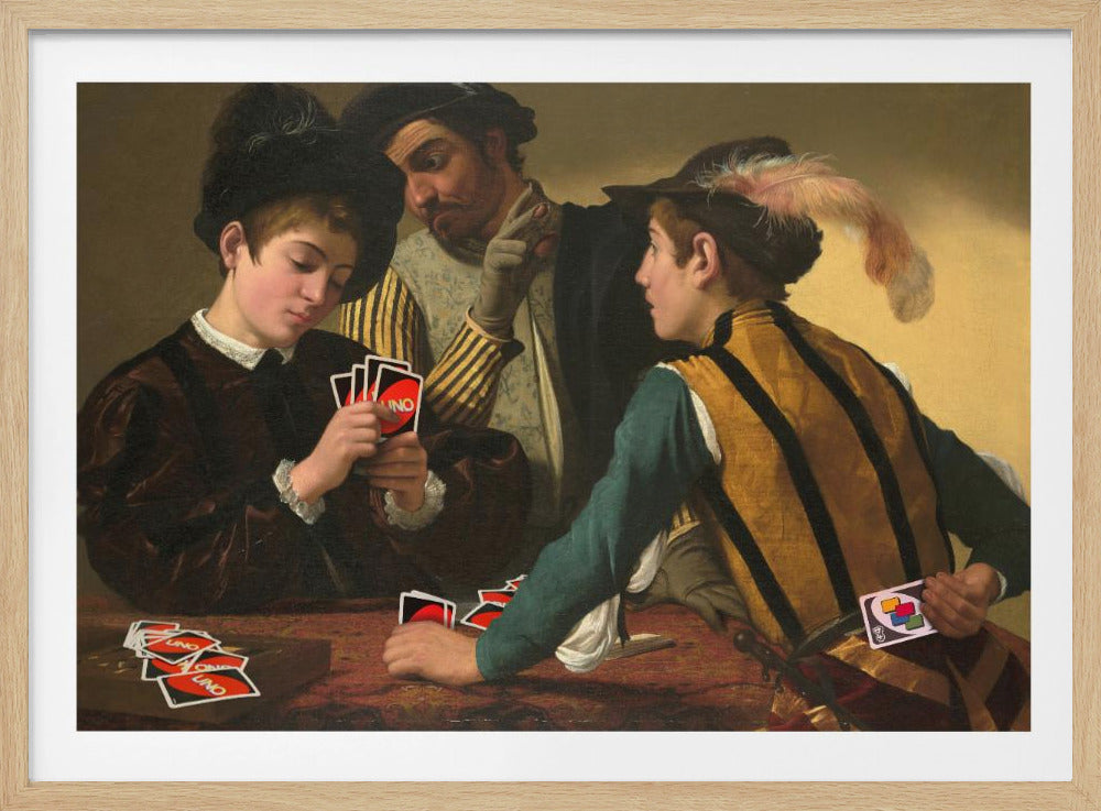 A humorous parody of Caravaggio's classical painting 'The Cardsharps', where the characters are depicted playing the modern card game UNO. An older man cheats by peering at a young player's hand and signaling to his accomplice, who hides a Wild Draw 4 card behind his back. Wall Art
