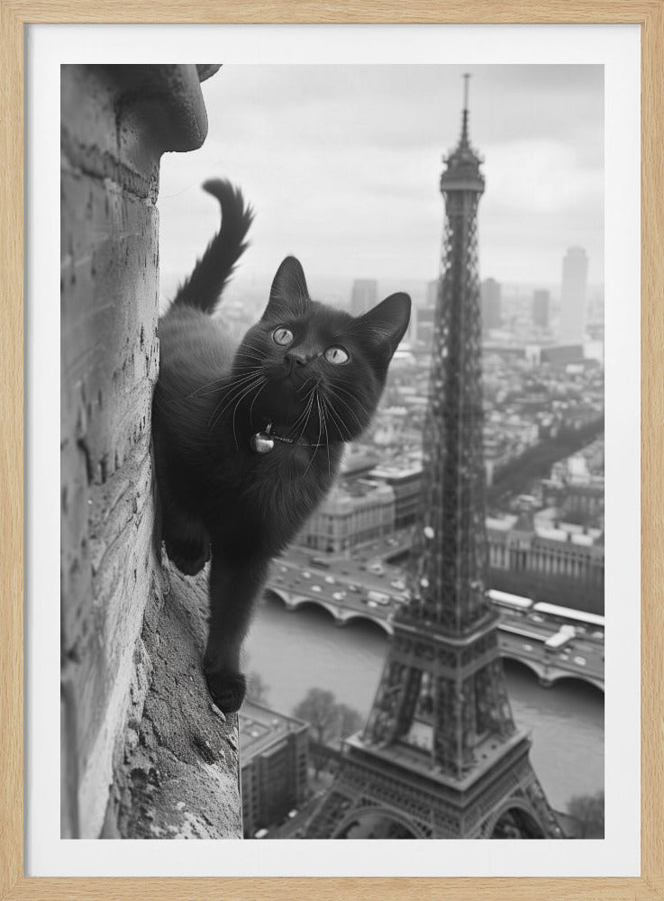 A black and white photograph of a curious black cat on a high ledge, looking back towards the camera with the Eiffel Tower and the city of Paris blurred in the background. Poster