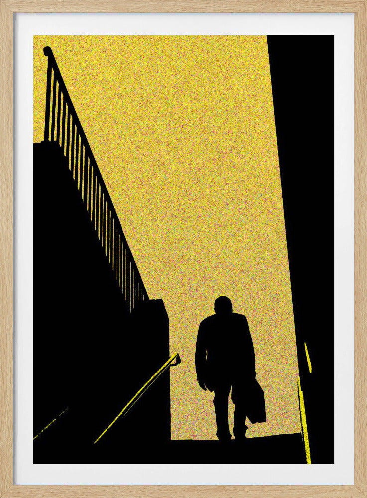 A high-contrast graphic poster featuring the black silhouette of a man walking down a flight of stairs. He is moving from a bright, speckled yellow background into a dark foreground. To the left is the stark silhouette of another staircase and railing, creating a dramatic, mysterious, film noir-style scene. Print