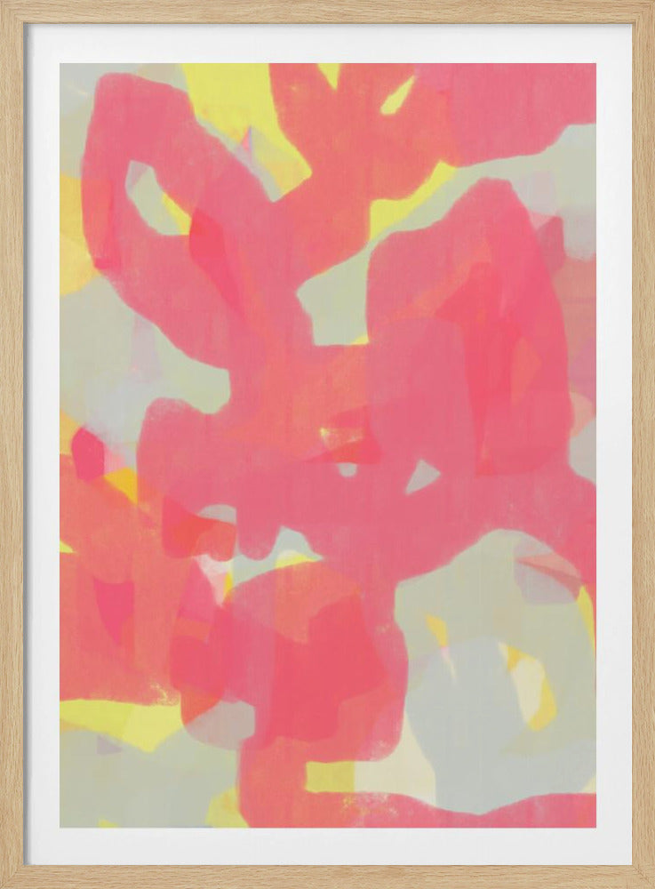 A vertical abstract painting in a thin black frame, featuring bold, overlapping shapes of vibrant pink and coral against a background of bright yellow and muted off-white. Decor