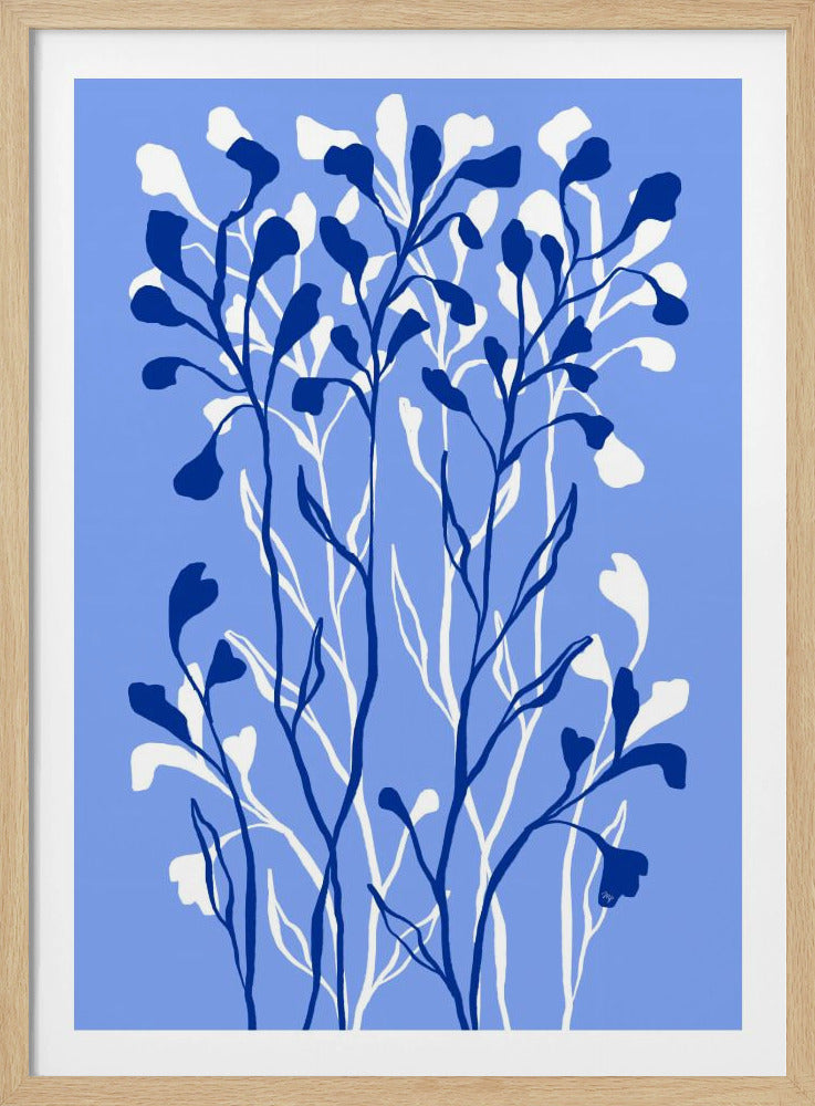 A modern botanical art piece featuring stylized plants in dark blue and white against a solid light blue background. The layered composition creates a sense of depth, with the dark blue foliage in the foreground and white silhouettes behind them. Print