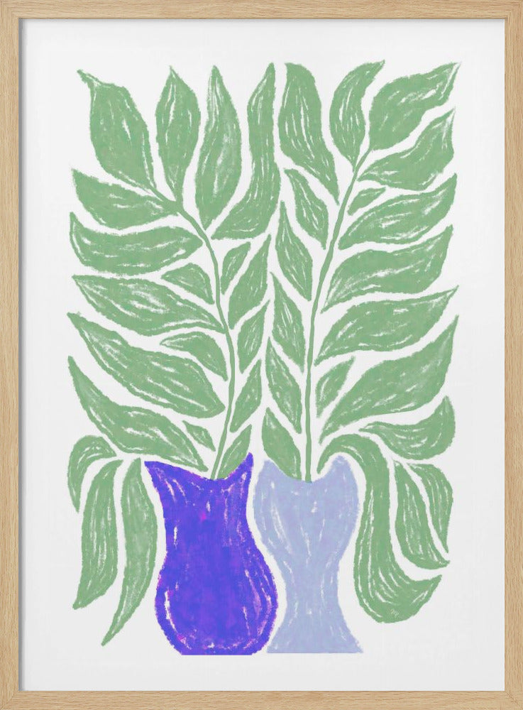 A framed illustration of two vases, one bright purple and one light blue, sitting side-by-side. Both vases are filled with tall green leafy branches that extend to the top of the artwork, set against a plain white background. The art has a textured, crayon-like style. Wall Art