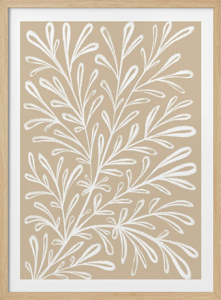 A modern botanical artwork featuring a pattern of stylized white leaves and branches on a solid beige background, presented in a simple black frame. Decor