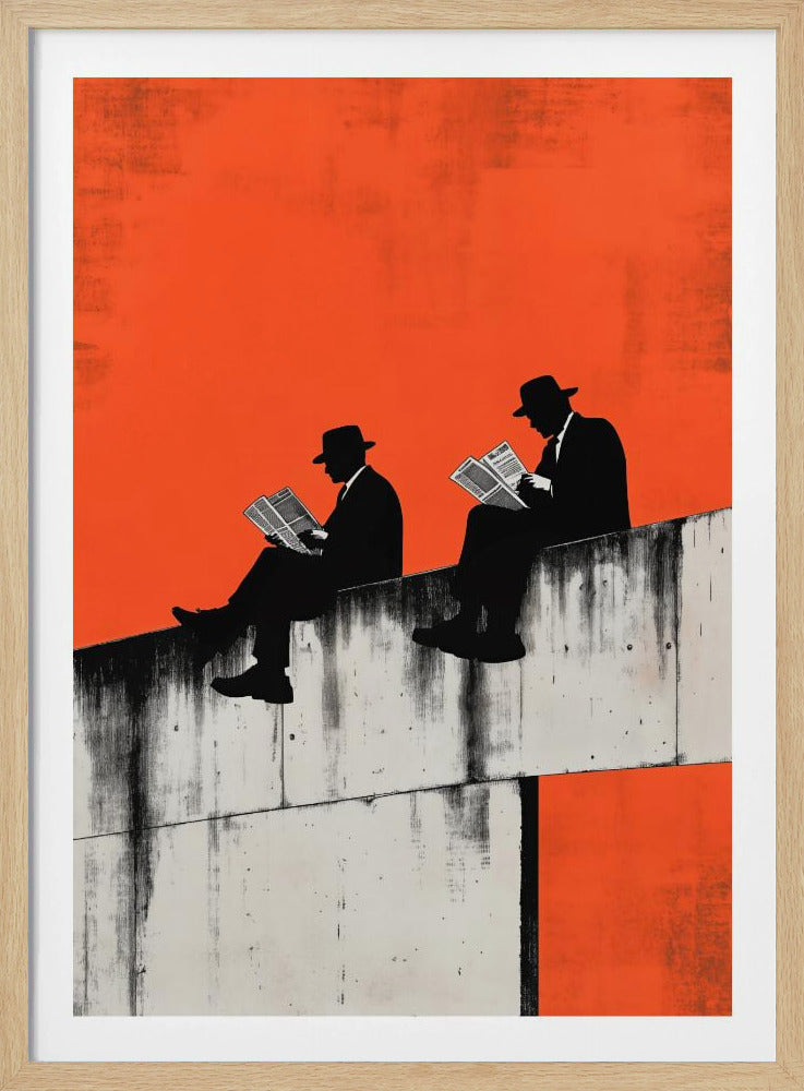 A graphic art poster featuring the black silhouettes of two men in suits and fedoras sitting on top of a weathered concrete wall, each engrossed in reading a newspaper, set against a bold, textured orange sky. Poster