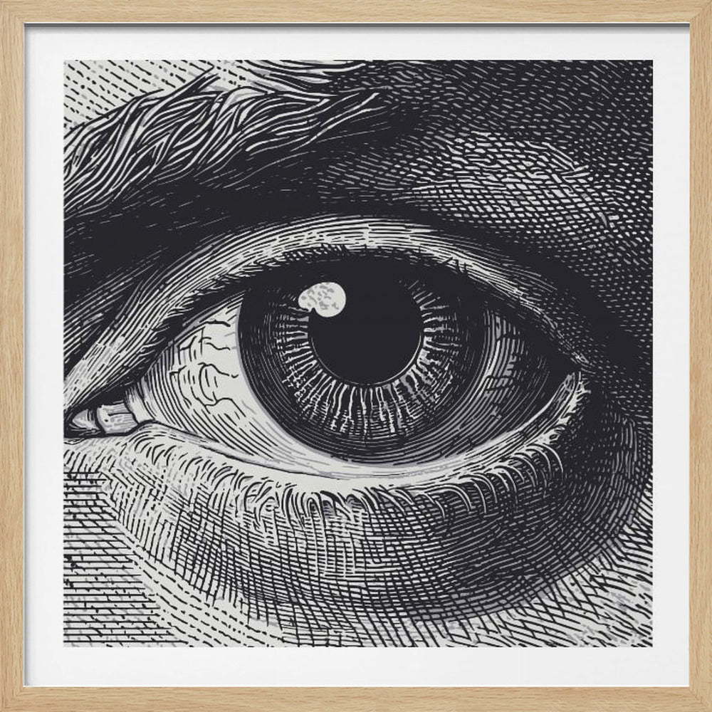 A detailed, black and white woodcut-style illustration of a human eye in a square, light wood frame. The intricate artwork uses fine lines and cross-hatching to create depth and texture in the iris, pupil, and surrounding skin. Print