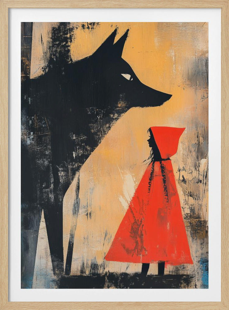 A stylized painting of Little Red Riding Hood and the Big Bad Wolf. A large, black silhouette of a wolf faces a small girl in a bright red hooded cape. The background is a textured mix of yellow, white, and grey tones. Poster