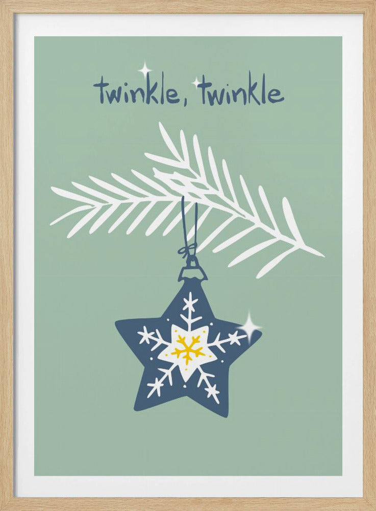 A festive illustration on a sage green background. The words 'twinkle, twinkle' are written in a blue script font at the top. Below, a dark blue star-shaped Christmas ornament with white and yellow snowflake designs hangs from a white pine branch. Decor