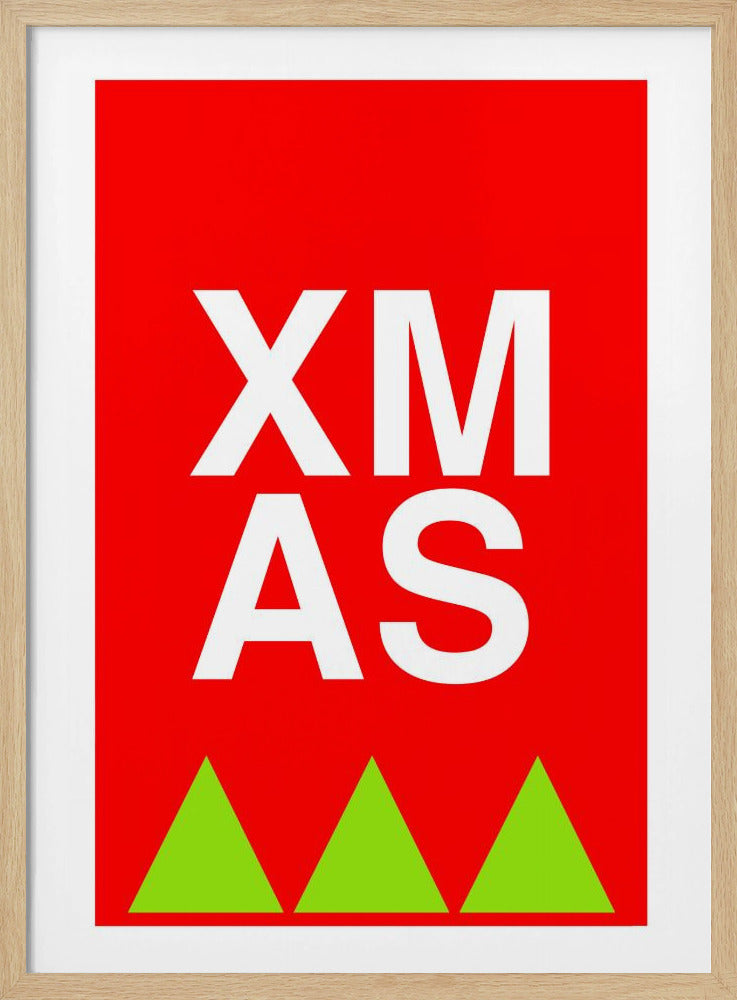 A modern minimalist Christmas poster with a bright red background. The word 'XMAS' is in large, white, bold, sans-serif letters, stacked with 'XM' above 'AS'. At the bottom, a jagged line of lime green triangles creates a stylized Christmas tree pattern. The art is in a black frame with a white mat. Print