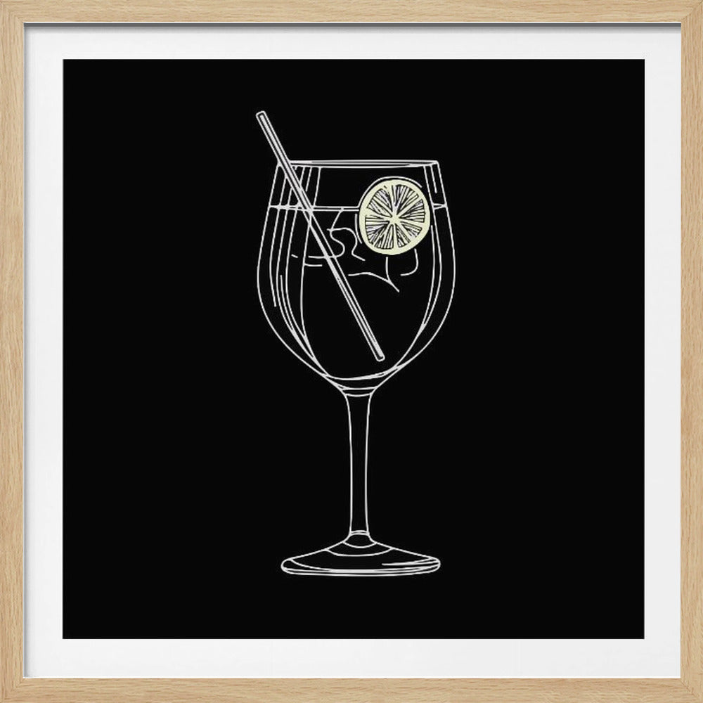 A minimalist line art illustration of a cocktail in a large wine glass against a black background. The drawing is in white, with a pale yellow lemon slice garnish, and is presented in a light wood frame. Poster