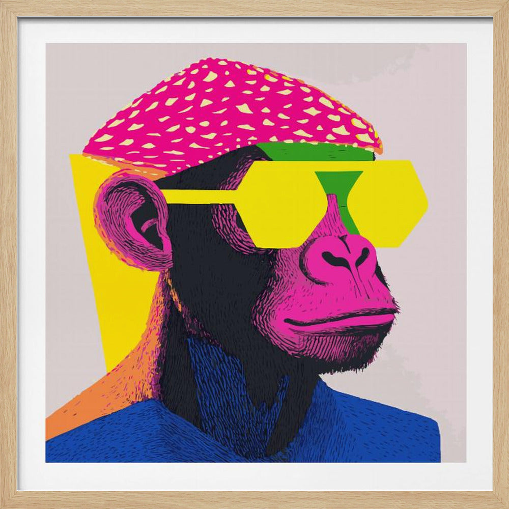 A pop art style portrait of a chimpanzee wearing a bright pink beret, large yellow hexagonal sunglasses, and a blue shirt. The artwork is characterized by bold, vibrant colors and a graphic, textured style, all set within a light wood frame. Poster