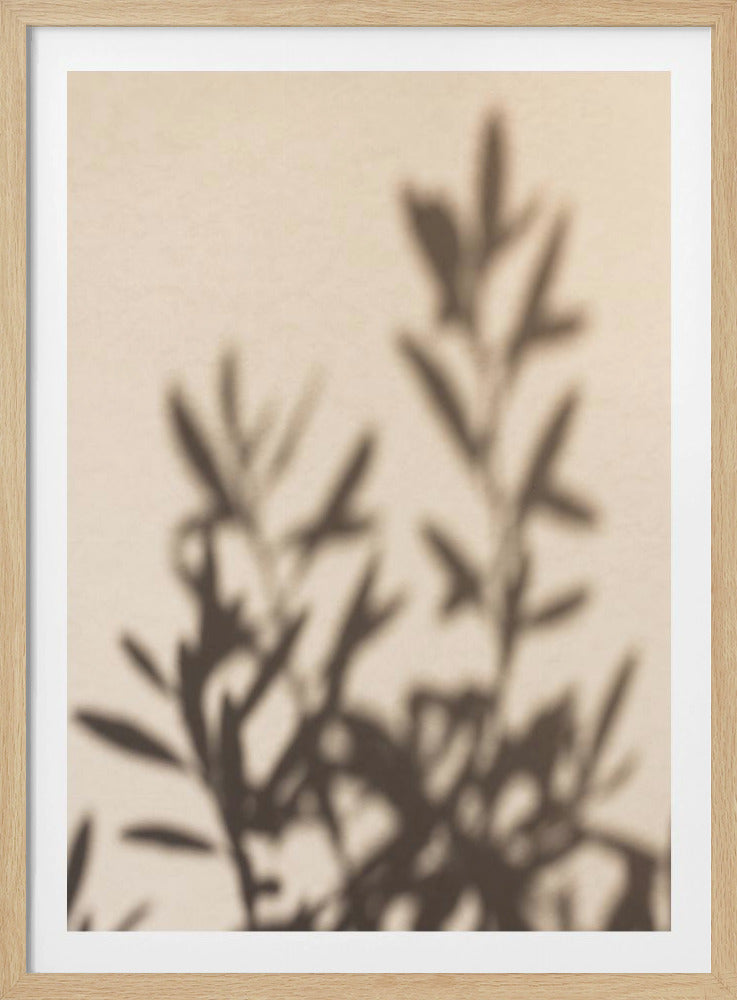 A framed photograph featuring the soft, out-of-focus shadow of a leafy plant projected onto a warm, beige-colored wall. The image has a minimalist and tranquil aesthetic, focusing on the interplay of light and shadow. Wall Art