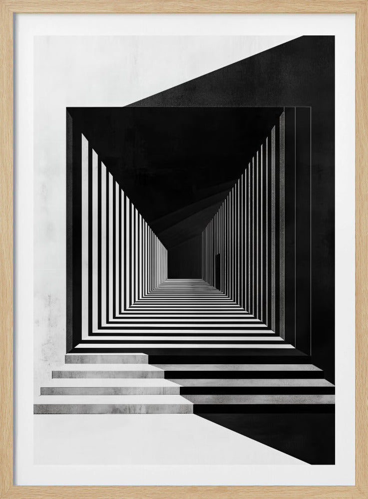 A stark black and white architectural illustration of a seemingly infinite corridor. Strong perspective lines are created by alternating black and white stripes on the walls and floor, creating a powerful optical illusion. Concrete steps lead into the scene from the foreground, and a faint, solitary figure stands in the distant shadows. Wall Art