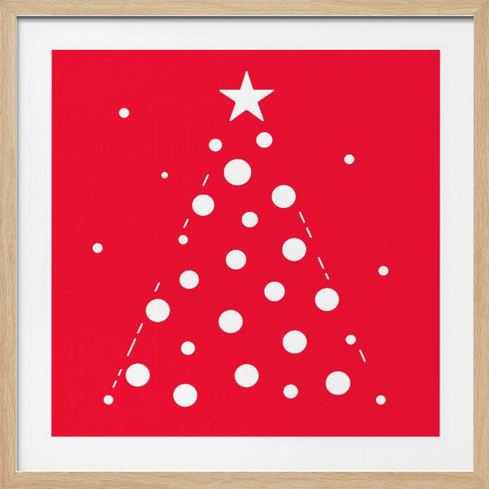 A minimalist art print of a stylized Christmas tree against a bright red background, enclosed in a light wood frame. The tree is composed of white circles of various sizes, with a white star at the top, and smaller white dots scattered around like snow. Artwork