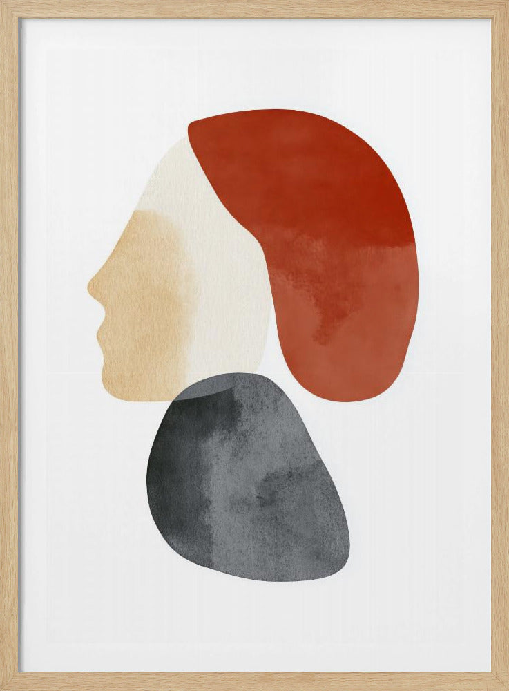 A minimalist abstract artwork in a black frame, featuring overlapping shapes that form a stylized human profile. The face is a light beige, topped with a rust-red shape like hair, and a dark grey, stone-like shape is positioned below the chin, all on a white background. Artwork