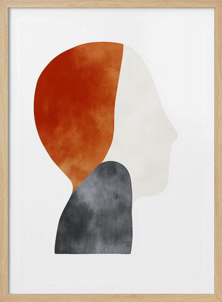 A minimalist abstract painting of a human silhouette in profile, framed in black. The artwork uses three overlapping organic shapes with a watercolor texture: a burnt orange shape for the back of the head, a dark grey shape for the shoulders, and an off-white shape for the face, all on a white background. Artwork