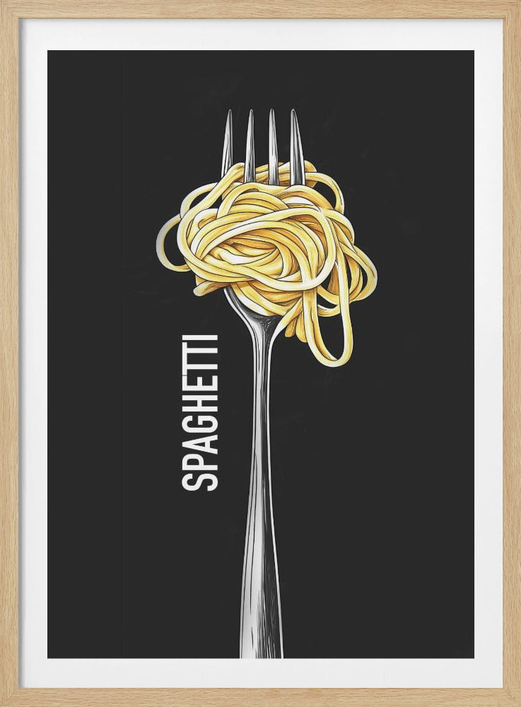 A graphic illustration of a silver fork holding a large twirl of spaghetti against a dark gray background. The word 'SPAGHETTI' is written vertically in white capital letters along the handle of the fork. Poster