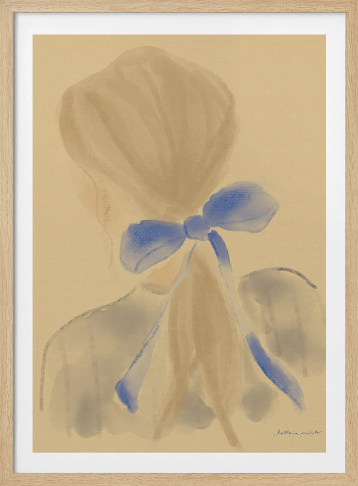 A soft, impressionistic painting of the back of a person's head and shoulders against a warm beige background. Their light brown hair is gathered, and a prominent, vibrant blue bow is tied at the back of their neck, with long ribbons trailing down. The style is painterly and minimalist, with soft, blended brushstrokes. Poster