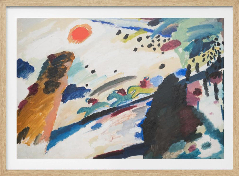 Abstract painting by Wassily Kandinsky in a silver frame. The dynamic composition features a red-orange sun, stylized figures of jockeys on racing horses, and energetic brushstrokes of blue, black, brown, and green on a white canvas. Artwork