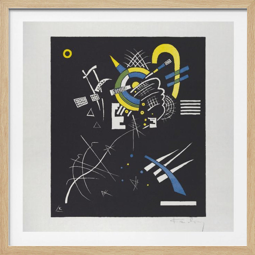 An abstract print by Wassily Kandinsky titled 'Small Worlds VI', featuring a dynamic composition of geometric and organic shapes in vibrant yellow, blue, and white against a stark black background. The artwork is presented within a light wood frame. Wall Art