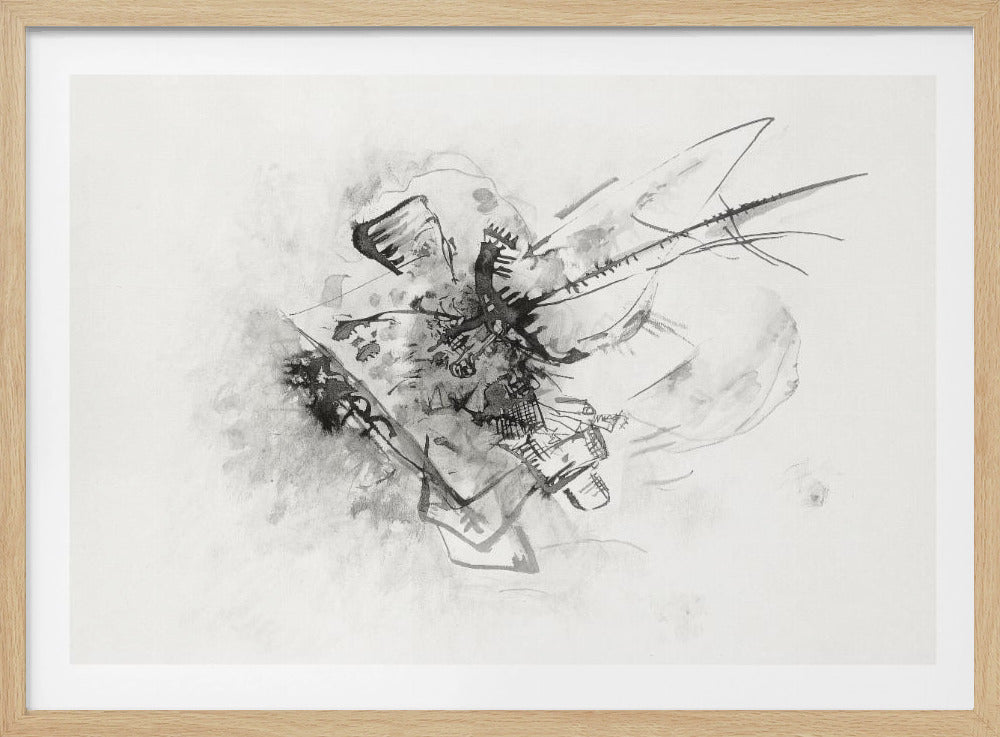 An abstract black and white ink drawing on paper, displayed in a simple silver frame. The artwork features a central cluster of energetic, gestural lines, smudges, and washes of gray and black, creating a dynamic and complex composition against a plain white background. Wall Art