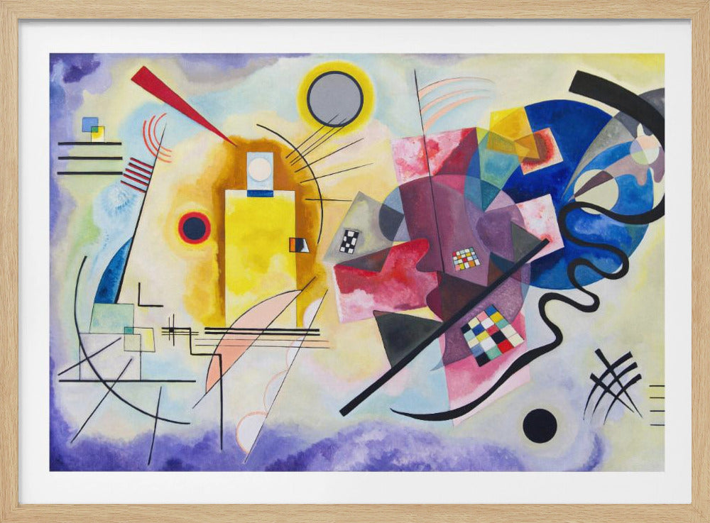 A framed print of Wassily Kandinsky's abstract painting 'Yellow-Red-Blue'. The composition features a vibrant mix of geometric shapes, with a large yellow form on the left and a dynamic cluster of blue, red, and purple shapes on the right, all interconnected by bold black lines and circles. Decor