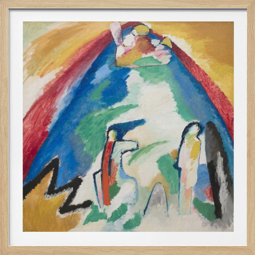 An abstract expressionist painting in a light wood frame. The artwork features a large, dominant blue mountain-like shape at its center, with an arch of red and yellow above it. In the foreground, there are stylized, abstract figures and a bold black zigzag line against a white and green background. Print