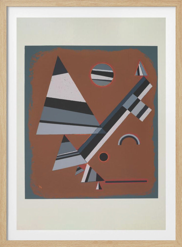 An abstract geometric artwork featuring a collection of triangles, circles, and lines in shades of grey, black, and white, set against a reddish-brown background. The piece is framed in black with a white mat. Wall Art