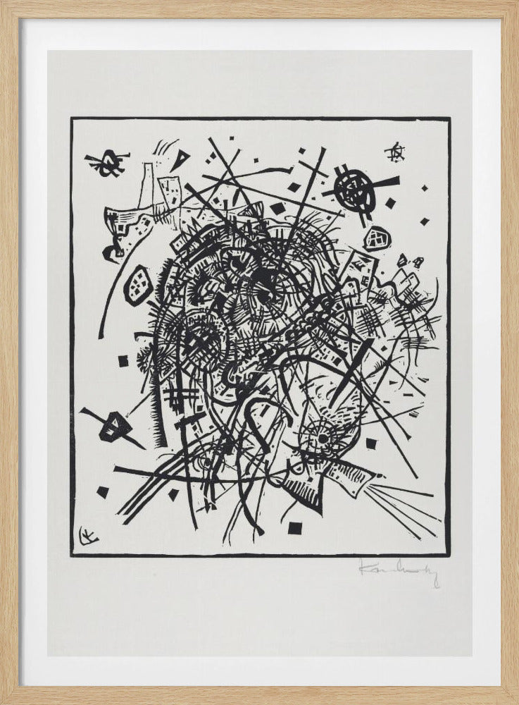 A framed black and white abstract artwork by Wassily Kandinsky. The piece is a chaotic and energetic composition of intersecting lines, geometric shapes, and scribbled textures, all densely packed into the center of the square frame. The artist's signature is visible in the lower right corner. Poster