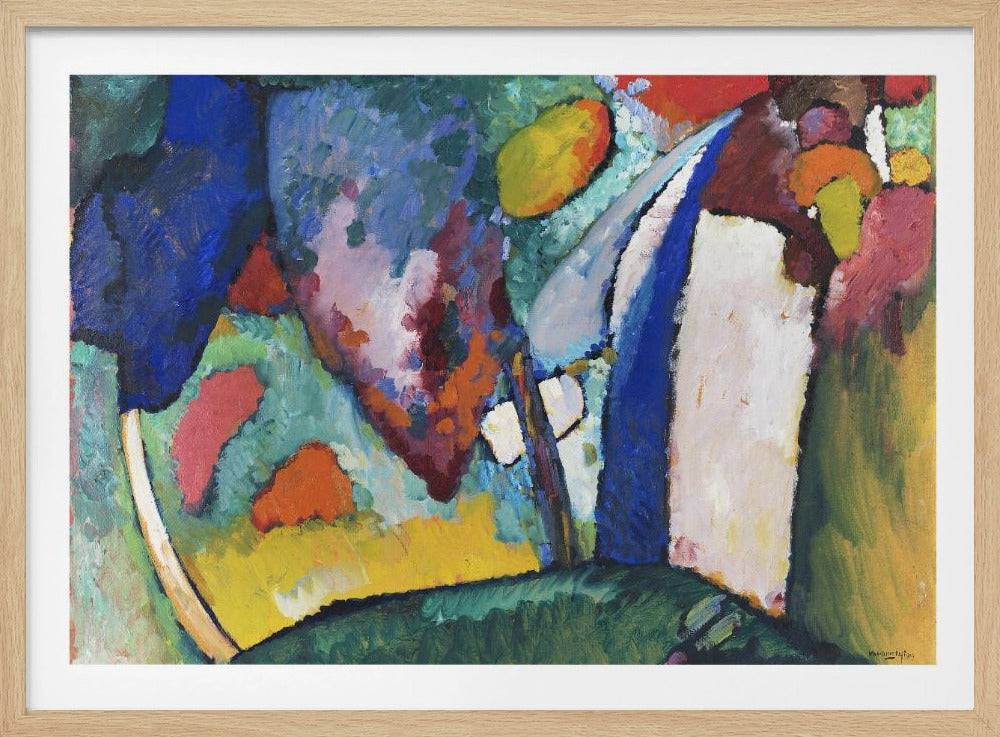 An abstract painting by Wassily Kandinsky, featuring a vibrant composition of bold shapes and colors within a silver frame. Dominant forms include a large deep blue mass on the left, swathes of green and yellow, and prominent white and red shapes, all created with expressive, textured brushstrokes. Poster